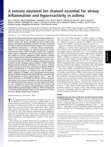 A sensory neuronal ion channel essential for airway inflammation and hyperreactivity in asthma Ana I. Caceresa, Marian Brackmanna, Maxwell D. Eliaa, Bret F. Bessaca, Donato del Caminob, Marc D’Amoursb, JoAnn S. Witekb,