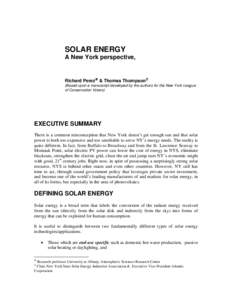SOLAR ENERGY A New York perspective, Richard Perez ℜ & Thomas Thompson ℑ (Based upon a manuscript developed by the authors for the New York League of Conservation Voters)
