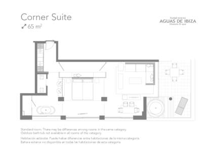 Corner Suite 65 m2 Standard room. There may be differences among rooms in the same category. Outdoor bath tub not available in all rooms of this category. Habitación estándar. Puede haber diferencias entre habitaciones