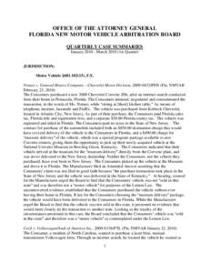 OFFICE OF THE ATTORNEY GENERAL FLORIDA NEW MOTOR VEHICLE ARBITRATION BOARD QUARTERLY CASE SUMMARIES January[removed]March[removed]1st Quarter)  JURISDICTION: