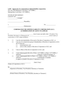 Appearance by corporation or limited liability corporation. [For use with Magistrate Court RuleNMRA; Metropolitan Court RuleNMRA] STATE OF NEW MEXICO COUNTY OF ___________ ______________ COURT