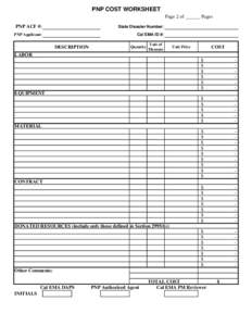 PNP COST WORKSHEET Page 2 of ______ Pages PNP ACF #: State Disaster Number: