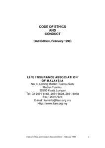 CODE OF ETHICS AND CONDUCT (2nd Edition, FebruaryLIFE INSURANCE ASSOCIATION