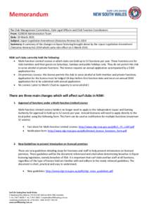 Memorandum To: Club Management Committees, Club Legal Officers and Club Function Coordinators From: SLSNSW Administration Team Date: 10 March 2015 Subject: Liquor Legislation Amendment (Statutory Review) Act 2014 Summary