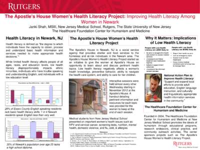 The Apostle’s House Women’s Health Literacy Project: Improving Health Literacy Among Women in Newark Janki Shah, MSIII, New Jersey Medical School, Rutgers, The State University of New Jersey The Healthcare Foundation