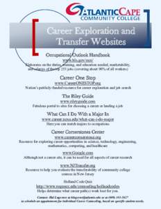 Career Exploration and Transfer Websites Occupational Outlook Handbook www.bls.gov/oco/ Elaborates on the duties, training, and education needed, marketability, and salaries of the top 253 jobs (covering about 90% of all