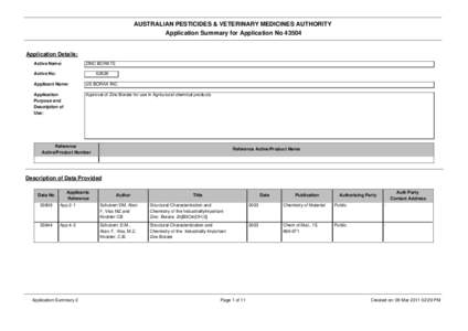 AUSTRALIAN PESTICIDES & VETERINARY MEDICINES AUTHORITY Application Summary for Application No[removed]Application Details: Active Name: