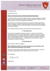 21st October 2013 Dear Parent or Carer Election of Parent Governors at Dereham Neatherd High School