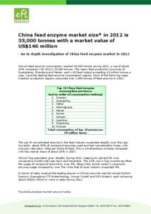 China feed enzyme market size* in 2012 is 33,000 tonnes with a market value of US$146 million - An in-depth investigation of China feed enzyme market in[removed]China’s feed enzyme consumption reached 33,000 tonnes durin