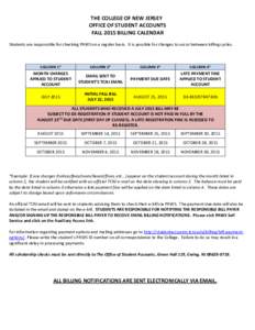 THE COLLEGE OF NEW JERSEY OFFICE OF STUDENT ACCOUNTS FALL 2015 BILLING CALENDAR Students are responsible for checking PAWS on a regular basis. It is possible for changes to occur between billing cycles.  COLUMN 1*