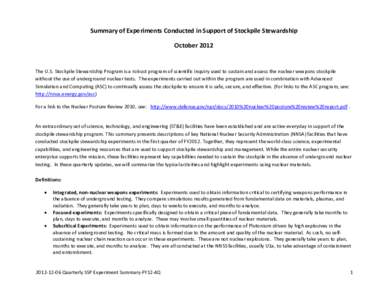 Summary of Experiments Conducted in Support of Stockpile Stewardship October 2012 The U.S. Stockpile Stewardship Program is a robust program of scientific inquiry used to sustain and assess the nuclear weapons stockpile 