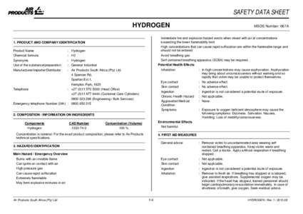 SAFETY DATA SHEET HYDROGEN Immediate fire and explosion hazard exists when mixed with air at concentrations exceeding the lower flammability limit High concentrations that can cause rapid suffocation are within the flamm