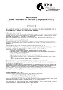 Regulations of the International Chemistry Olympiad (IChO) APPENDIX B B 1: HAZARD WARNING SYMBOLS AND HAZARD DESIGNATIONS AND THEIR EXPLANATION (Applied for Chemicals in Schools)