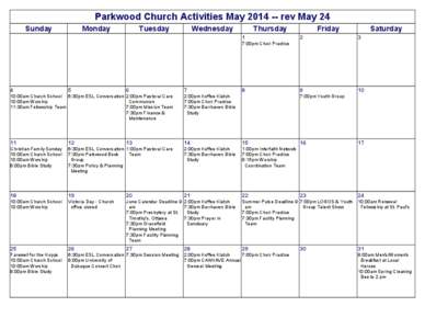 Parkwood Church Activities May[removed]rev May 24 Sunday