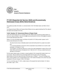 FY 2012 Essential Air Service (EAS) and Economically Distressed Areas (EDA) Determinations, April 16, 2012