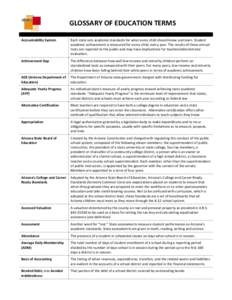 GLOSSARY OF EDUCATION TERMS Accountability System Each state sets academic standards for what every child should know and learn. Student academic achievement is measured for every child, every year. The results of these 