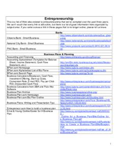 Entrepreneurship This is a list of Web sites related to entrepreneurship that we’ve compiled over the past three years. We can’t vouch that every link is still active, but there is a lot of good information here orga