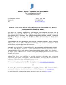 Indiana Office of Community and Rural Affairs One North Capitol, Suite 600 INDIANAPOLIS, INDIANA[removed]For Immediate Release: October 21,