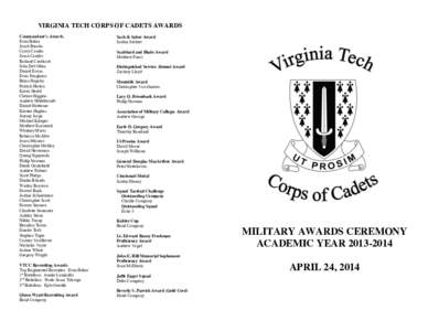 VIRGINIA TECH CORPS OF CADETS AWARDS Commandant’s  Awards Evan Baker Jacob Brooks Corey Combs Jason Conder