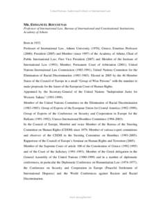 Biography - Mr. Emmanuel Roucounas, Professor of International Law, Bureau of International and Constitutional Institutions, Academy of Athens