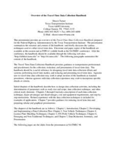 Travel Time Handbook  Overview of the Travel Time Data Collection Handbook Shawn Turner Texas Transportation Institute Texas A&M University