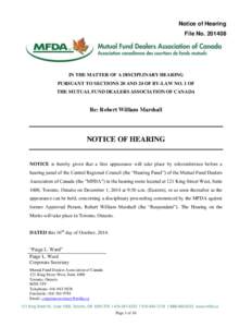 Notice of Hearing[removed]Re: Robert William Marshall