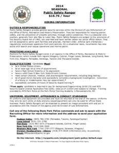 2014 SEASONAL Public Safety Ranger $[removed]hour HIRING INFORMATION DUTIES & RESPONSIBILITIES