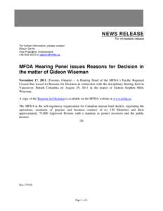 News Release - MFDA Hearing Panel issues Reasons for Decision in the matter of Gideon Wiseman