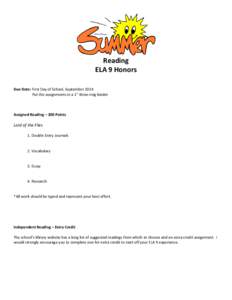 Reading ELA 9 Honors Due Date: First Day of School, September 2014 Put the assignments in a 1” three-ring binder  Assigned Reading – 200 Points