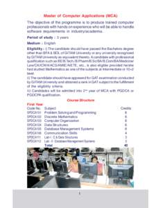 Master of Computer Applications (MCA) The objective of the programme is to produce trained computer professionals with hands on experience who will be able to handle software requirements in industry/academia. Period of 