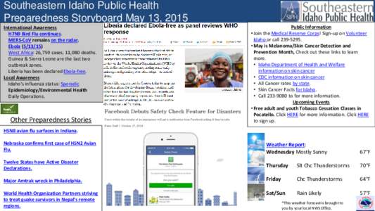 Southeastern Idaho Public Health Preparedness Storyboard May 13, 2015 International Awareness H7N9 Bird Flu continues. MERS-CoV remains on the radar. Ebola)