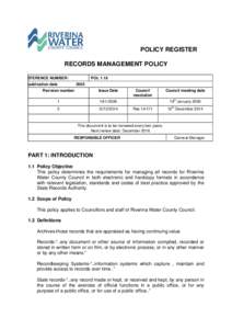 POLICY REGISTER RECORDS MANAGEMENT POLICY EFERENCE NUMBER: POL 1.18