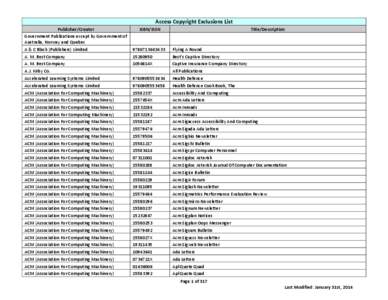 Access Copyright Exclusions List Publisher/Creator Government Publications except by Government of Australia, Norway and Quebec A & C Black (Publishers) Limited A. M. Best Company