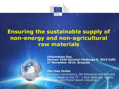 Ensuring the sustainable supply of non-energy and non-agricultural raw materials Information Day, Horizon 2020 Societal Challenge 5, 2015 Calls 17 November 2014, Brussels