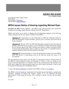 News Release - MFDA issues Notice of Hearing regarding Michael Ryan