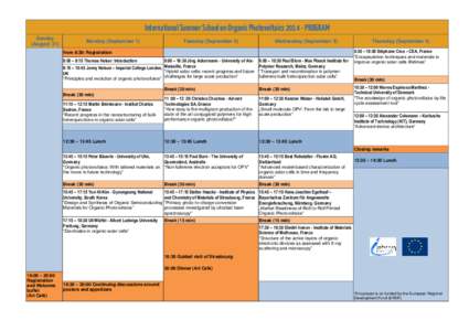 International Summer School on Organic Photovoltaics[removed]PROGRAM Sunday (August 31) Monday (September 1)