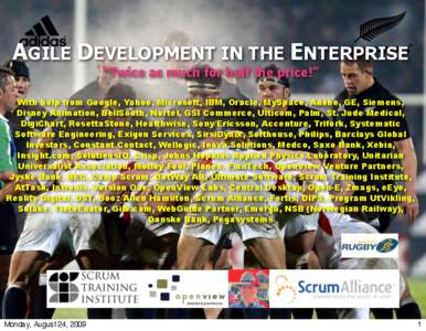 AGILE DEVELOPMENT IN THE ENTERPRISE “Twice as much for half the price!” With help from Google, Yahoo, Microsoft, IBM, Oracle, MySpace, Adobe, GE, Siemens, Disney Animation, BellSouth, Nortel, GSI Commerce, Ulticom, P