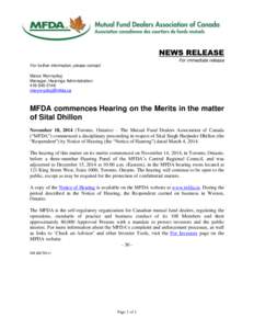 News release - MFDA commences Hearing on the Merits in the matter of Sital Dhillon