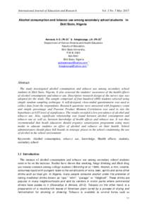 International Journal of Education and Research  Vol. 3 No. 5 May 2015 Alcohol consumption and tobacco use among secondary school students in Ekiti State, Nigeria