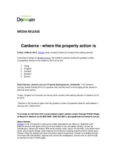 MEDIA RELEASE  Canberra - where the property action is Friday 14 March 2014: Domain today revealed Canberra’s busiest home-selling suburbs*. According to listings on domain.com.au, the Canberra suburbs seeing the great