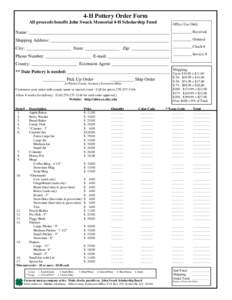 4-H Pottery Order Form All proceeds benefit John Swack Memorial 4-H Scholarship Fund Office Use Only:  Name: ______________________________________________________________ __________ Received