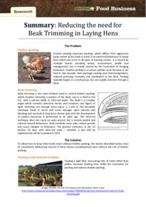 Summary: Reducing the need for Beak Trimming in Laying Hens The Problem Feather pecking Feather pecking (injurious pecking, which differs from aggressive pecks aimed at the head or neck) is an abnormal behaviour in layin