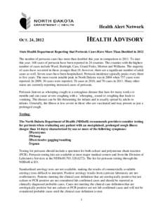 Health Alert Network  HEALTH ADVISORY OCT. 24, 2012