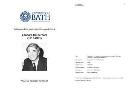 L. Rotherham NCUACS[removed]Catalogue of the papers and correspondence of