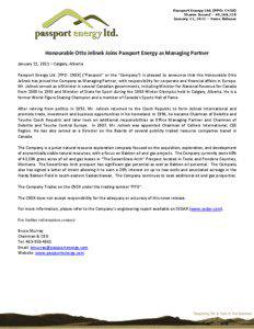 Passport Energy Ltd. (PPO: CNSX) Shares Issued – 49,168,110 January 11, 2011 – News Release