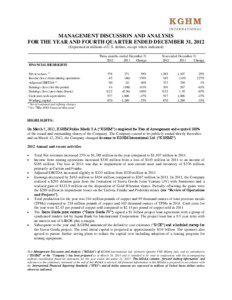 MANAGEMENT DISCUSSION AND ANALYSIS FOR THE YEAR AND FOURTH QUARTER ENDED DECEMBER 31, 2012 (Expressed in millions of U.S. dollars, except where indicated)