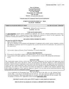 Announcement Date: April 23, 2008 State of Alabama Personnel Department 64 North Union Street P. O. Box[removed]Montgomery, AL[removed]