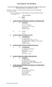 UNIVERSITY OF MUMBAI LIST OF THE MEMBERS OF THE FACULTY OF FINE ARTS UNDER SECTIONOF THE MAHARASHTRA UNIVERSITIES ACT, Terms Five years from 1st September, 2010 read with Section 42 of the Maharashtra Unive