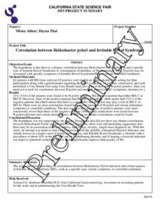 CALIFORNIA STATE SCIENCE FAIR 2015 PROJECT SUMMARY Name(s)  Project Number