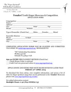 Yonder! Youth Singer Showcase & Competition APPLICATION FORM Congregation: ___________________________________________ Pastor: ________________________________________________ Address: ___________________________________